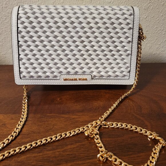 NWT Michael Kors Weaved Jet Set Crossbody In Optic White - Picture 1 of 10